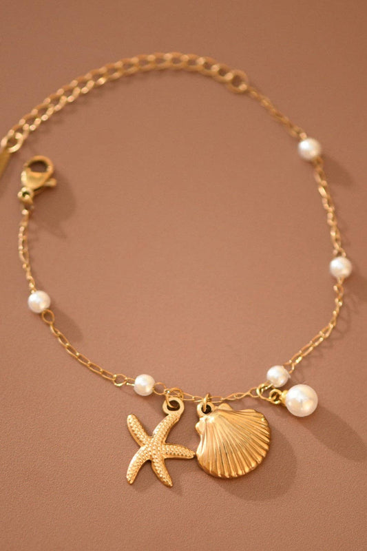 18K Gold Plated Stainless Steel Seashell Charm Bracelet-7818