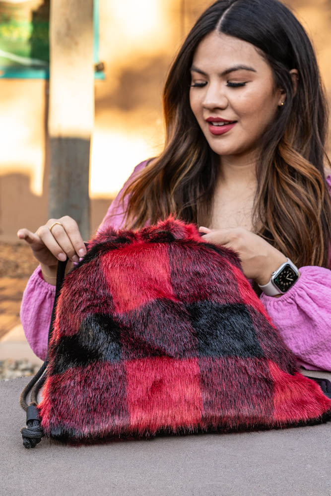 Plaid Faux Fur Drawstring Backpack - Heritage Red & Black