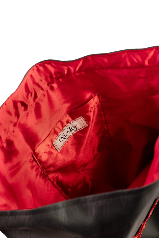 Black Vegan Leather Rose Drawstring Backpack