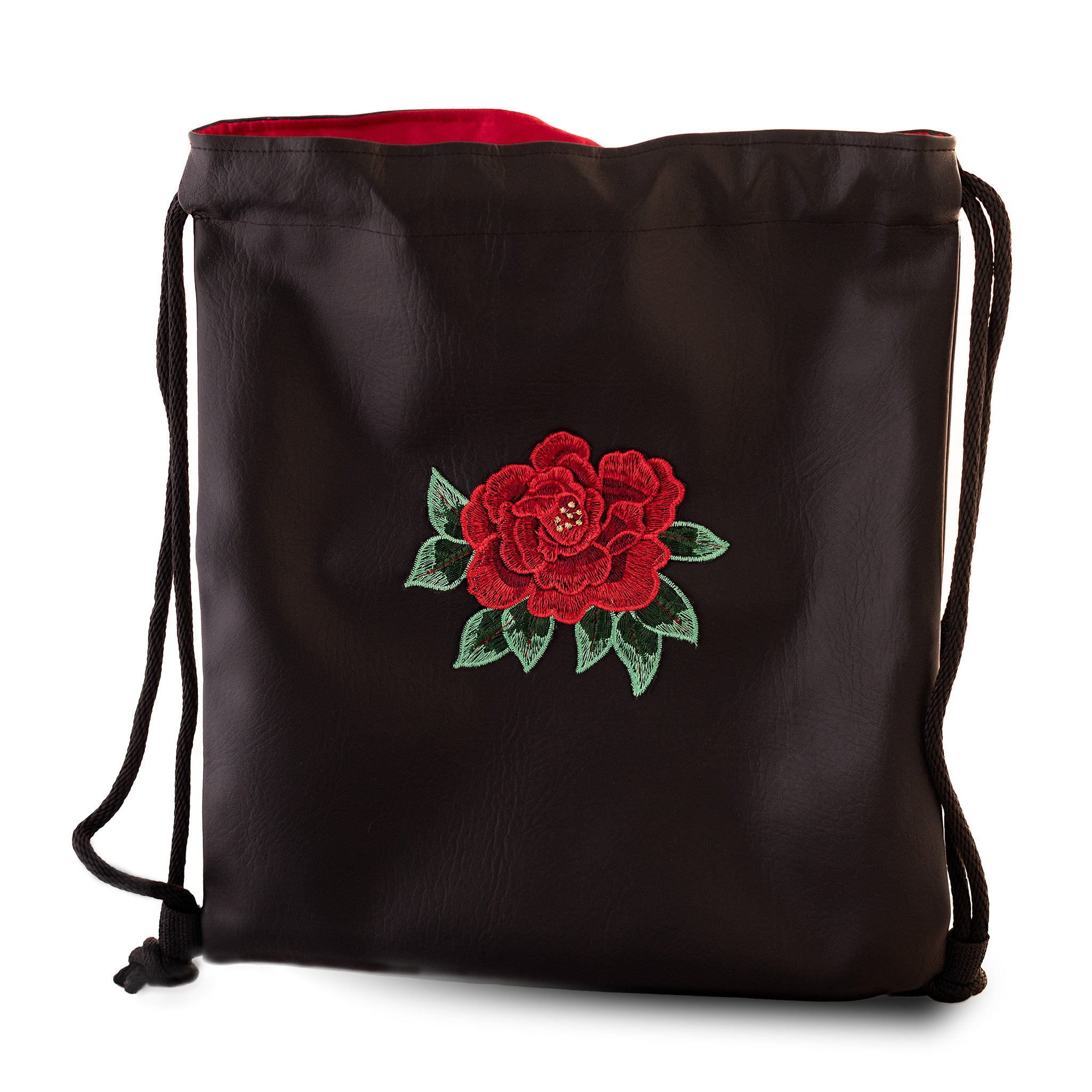 Black Vegan Leather Rose Print Drawstring Backpack