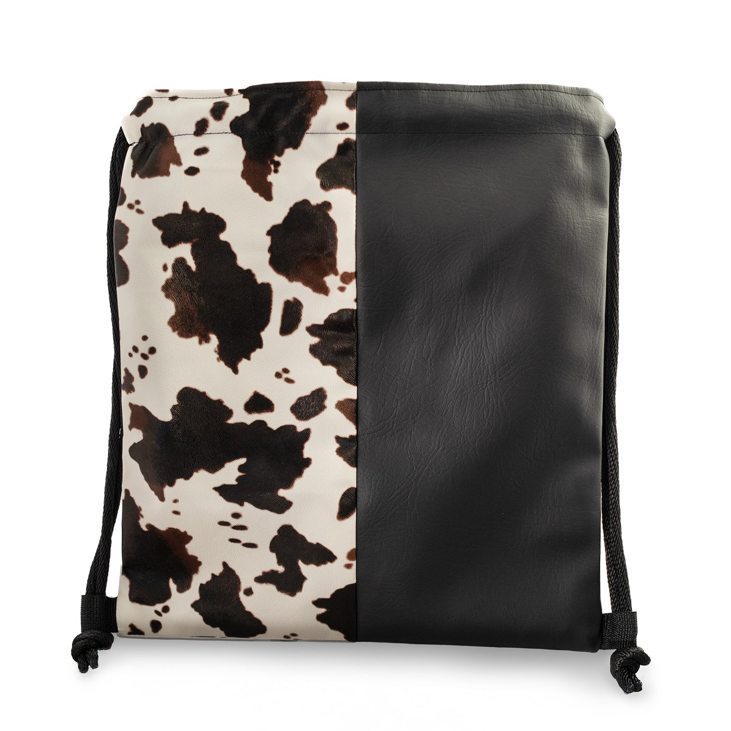 Vegan Leather Two-Tone Cow Hide Print Drawstring Backpack