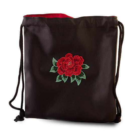 Black Vegan Leather Rose Drawstring Backpack