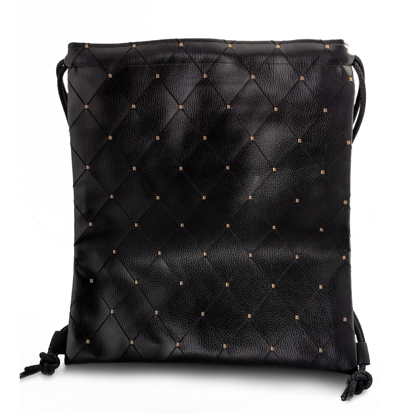 Vegan Quilted Leather Black & Gold Drawstring Backpack - Niclordesigns 