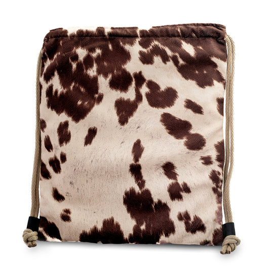 Suede Brown & Tan Cow Pattern Drawstring Backpack