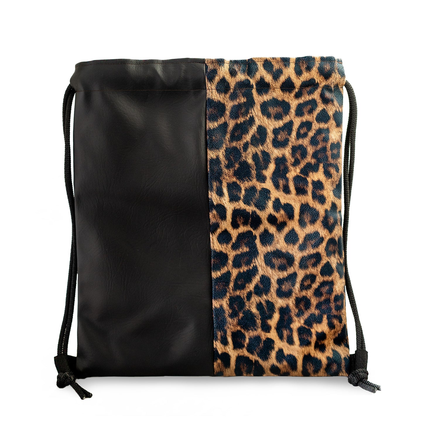 Vegan Leather Two-Tone Leopard Print Drawstring Backpack