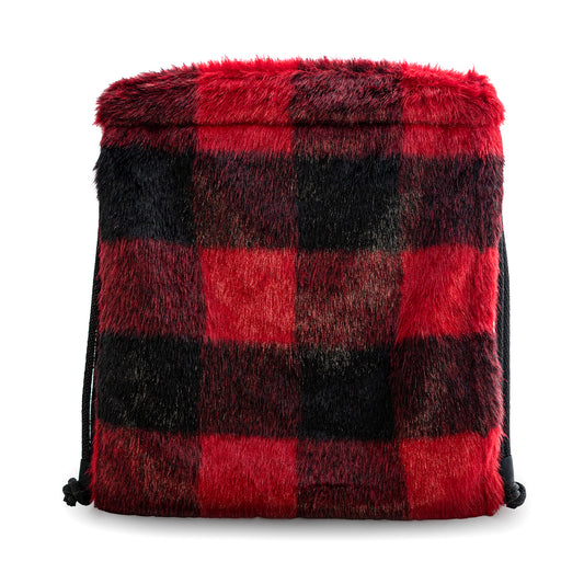 Red & Black Plaid Faux Fur Drawstring Backpack